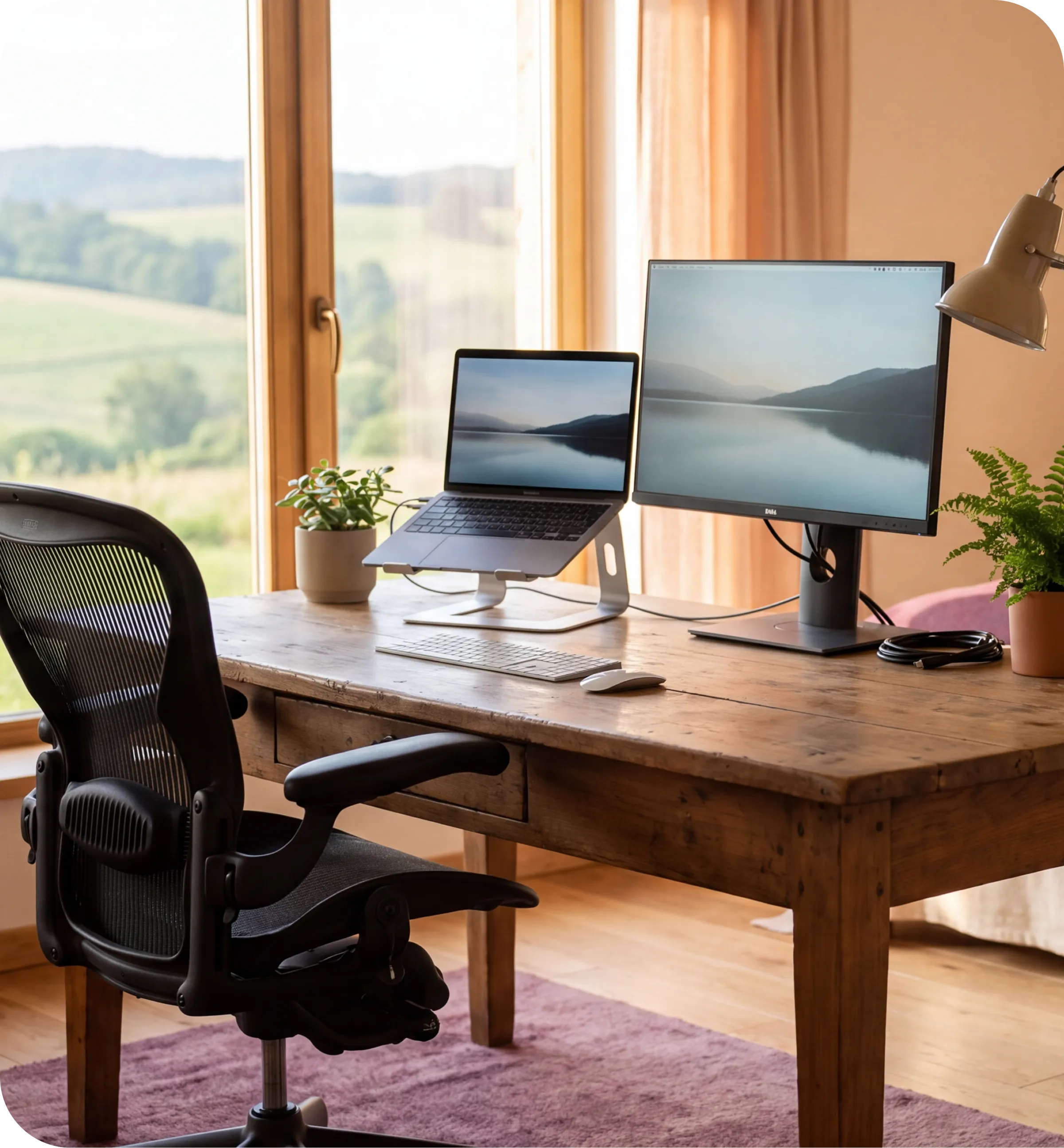 A standing desk with a laptop and monitor overlooking green hills through a window