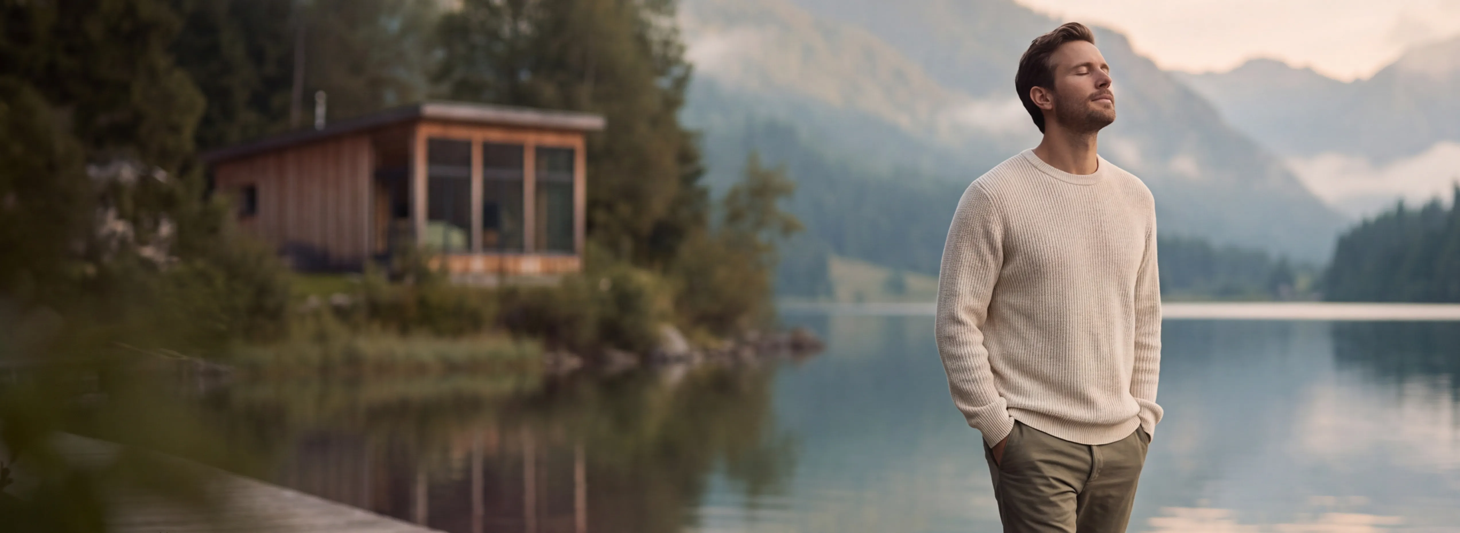 A man breathing in the fresh air on a lakeside dock surrounded by mountains