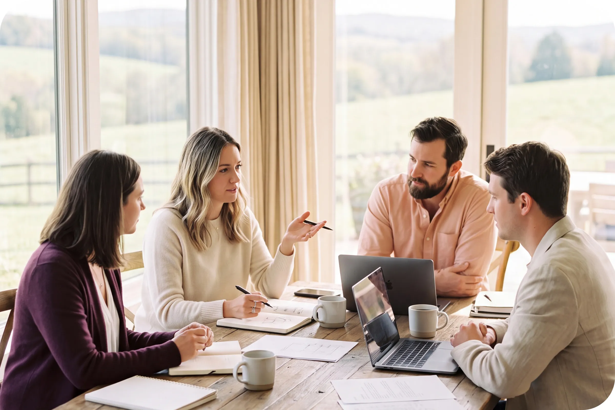 A tech team collaborating around a table with coffee and notes